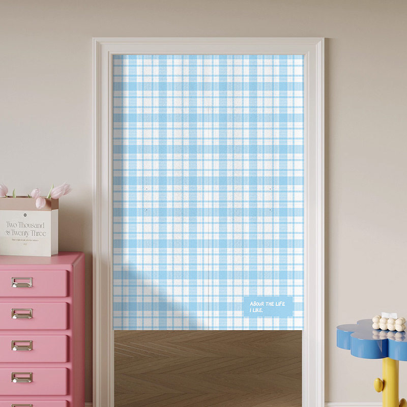 Commercial Window Printing - VIKAMA Light Blue Gingham Noren Door